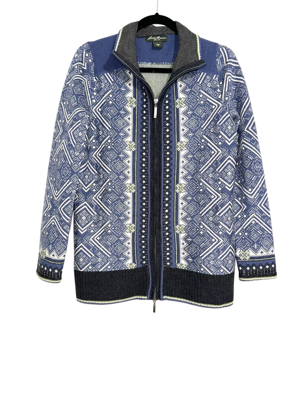 Eddie Bauer Nordic Fair Isle Merino Wool Blue and White Geometric Zip Jacket XL